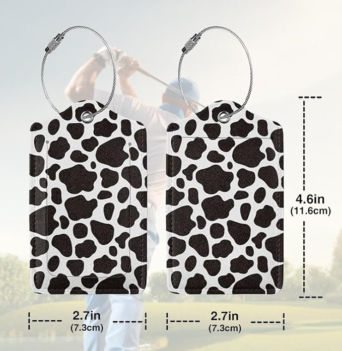 2 Pack Luggage Tags for suitcases Cute Cow Luggage Tag, Leather Stainless Steel Loop Label Tag for Men Women Travel Bag Suitcase(Cow)