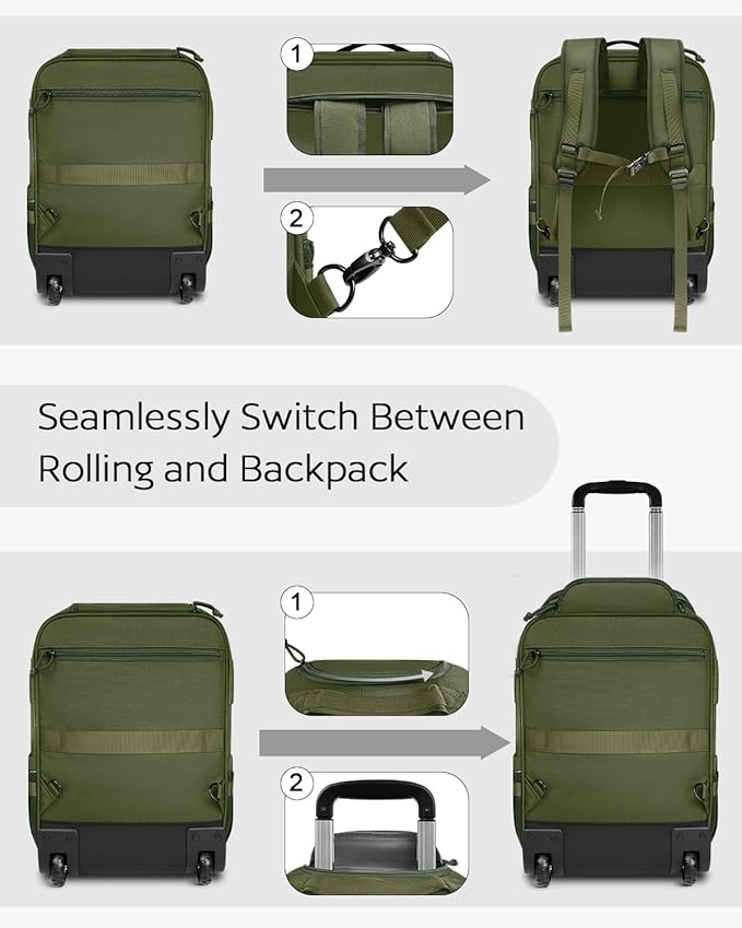 Rolling Tactical Laptop Backpack, Underseat Travel Backpack with Wheels, 17 Inch Wheeled Military Computer Backpack for Men and Women, Roller Overnight Molle Outdoor Hiking College Carry on Luggage