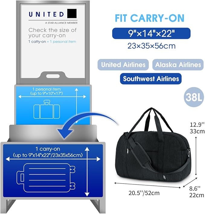 Narwey Carry on Bag 22x14x9 Airlines Approved, Carry on Duffle Bag for Airplane with Wet Pocket, Travel Duffel Bag Luggage Bag Weekender Overnight for Women Men (Black)