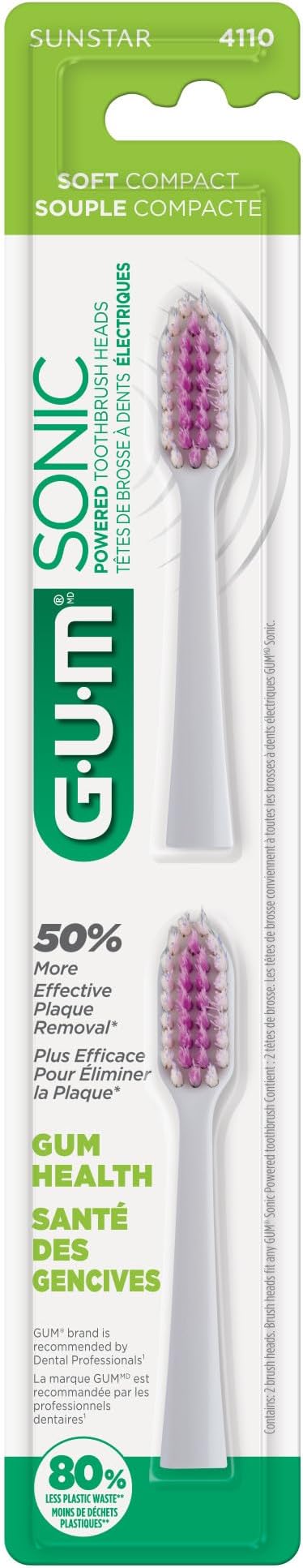 GUM Sonic Powered Toothbrush Refills, Tapered Bristles Clean Below The Gumline, White 2ct. (Pack of 2)