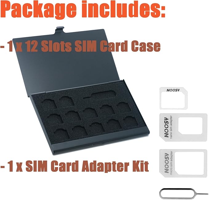 Aluminum SIM Card Case, 12 Slots Ultrathin Nano SIM Card Holder with SIM Card Adapter Kit for Travelers or Holiday Trip (Black)