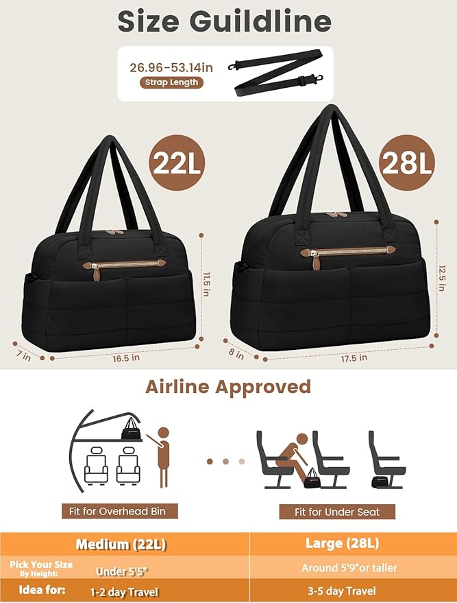 Travel Duffle Bag,Puffer Carry On Duffel Bag with Laptop Compartment Waterproof Overnight Weekender Bags for Women Large Hospital Tote Bags for Labor and Delivery(Medium,Black)