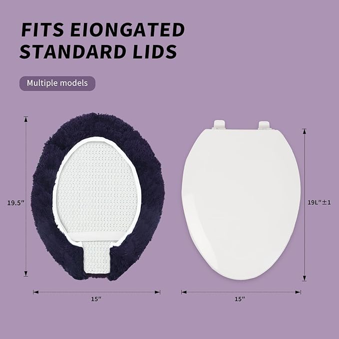 Microfiber Elongated Toilet Seat Cover 19.5"x 15" Machine Washable Solid Toilet Lid Cover Adjustable Rubber Backing Fits Most 18-19.5" L x 14-16" W Elongated Toilet Seat