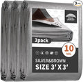 RAINDEWAY Small Tarps Heavy Duty Waterproof 3x3 Feet (3 Pack), 10Mil Multipurpose Poly Mini Tarp Cover with Metal Grommets and Reinforced Edges, Silver/Brown Tarp