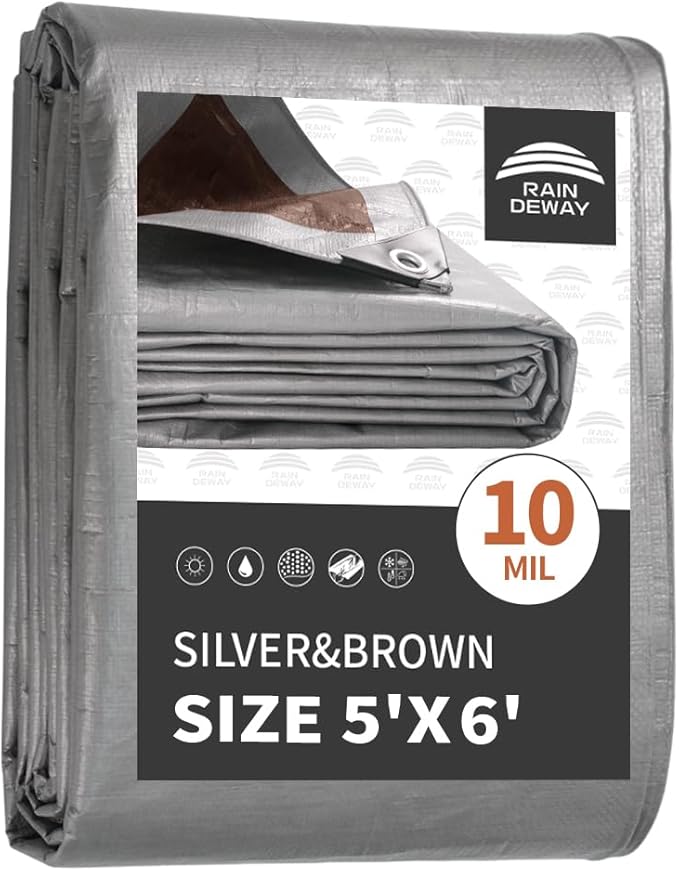 RAINDEWAY Small Tarps Heavy Duty Waterproof 5x6 Feet, 10Mil Multipurpose Poly Mini Tarp Cover with Metal Grommets, Camping Tarpaulin Silver/Brown Tarp Finished Size