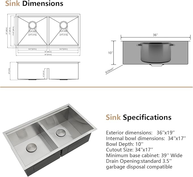 Dcolora 36 Inch Large Double Bowl Low-Divide Kitchen Sink Undermount 16 Gauge Stainless Steel 50/50 Split with Workstation, 36"x19"x10" Double Basin, DC-U7738