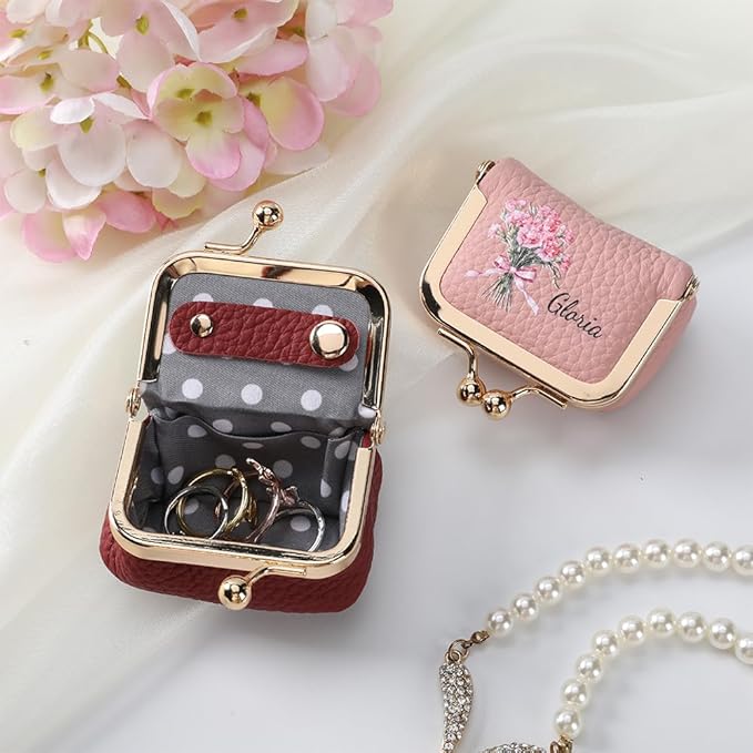 Custom Name & Birth Month Flower Mini Leather Jewelry Box – Vintage Kiss Lock Coin Purse Organizer for Rings, Earrings & Necklaces | Portable Travel Gift for Women (Blue/Black/Pink)