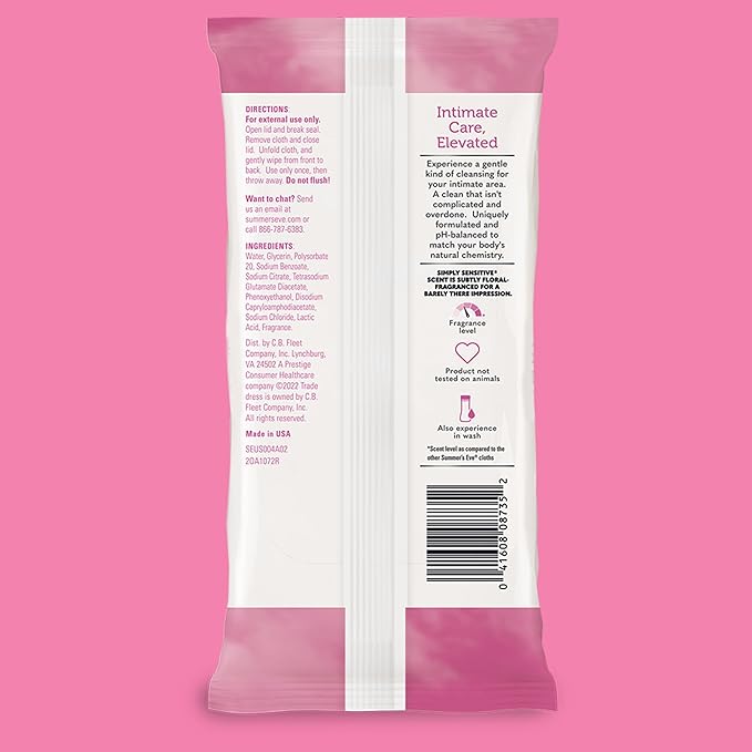 Summer's Eve Simply Sensitive Daily Gentle Feminine Wipes, Removes Odor, pH Balanced, 32 count