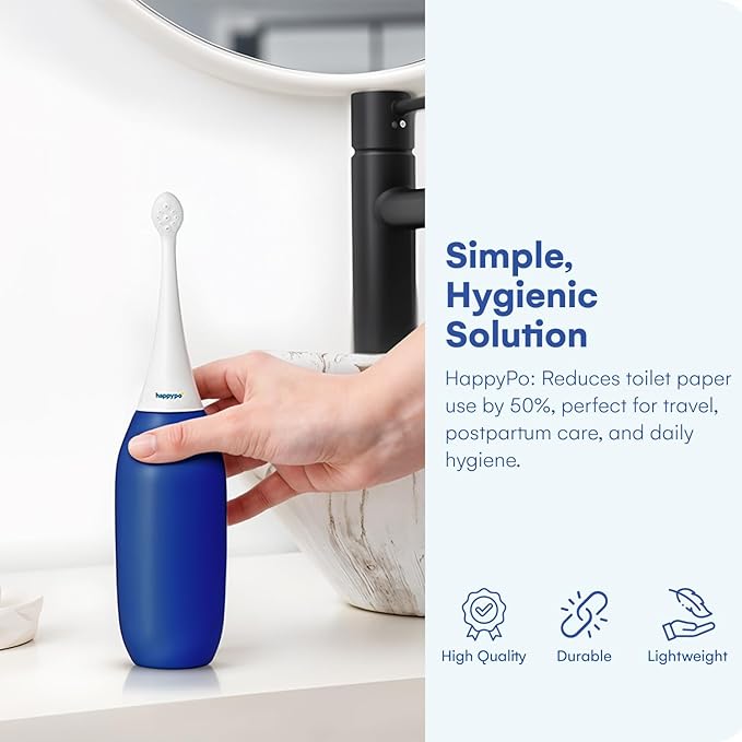 HappyPo The Original XL Butt Shower - Portable Bidet with 50% More Volume - The Easy-Bidet 2.0 Replaces Wet Wipes and Shower Toilet - Portable Bum Spray for Travel - Dark Blue