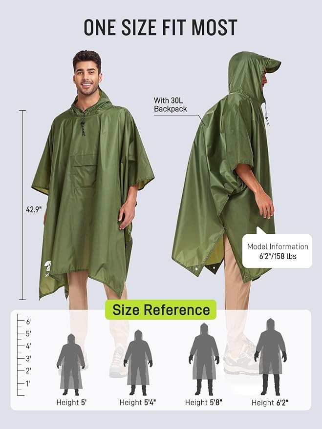 SaphiRose Extra Thick Hooded Rain Poncho Double Layer Waterproof Raincoat Jacket for Men Women Adults