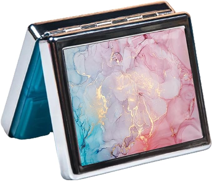 Silver Vintage Pill Box 7 Day Metal Pill Box with Mirror and 8 Compartments Cute Travel Pill Organizer for Purse (Gold Pink Marble)