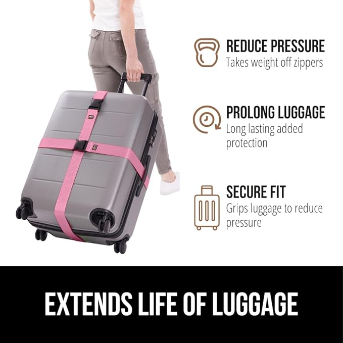 GORILLA GRIP Heavy Duty 8 Pack Adjustable Luggage Straps for Suitcases, Easy to Identify Travel Belt Connector Holds Suitcase Together, Extends Life of Bag, Strap Connects Two Bags, Accessories Pink