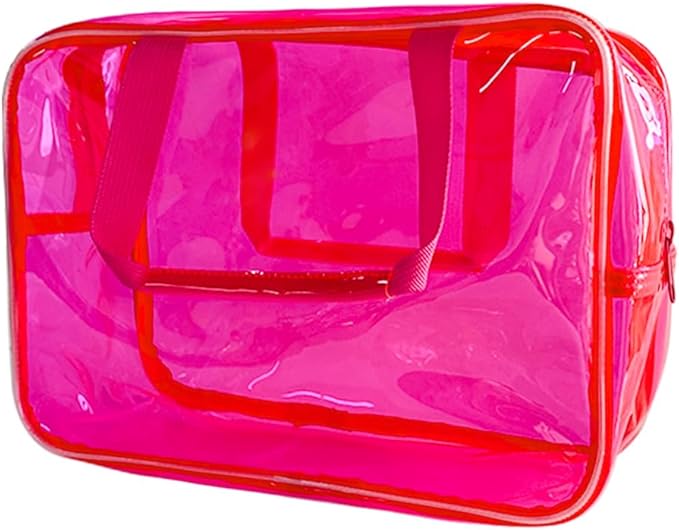 Clear Makeup Bag Travel Toiletry Artist Bag, Multifunction Waterproof Clear PVC Tote Handbag with Zipper, Hot Pink