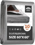 RAINDEWAY Tarps Heavy Duty Waterproof 60x60 Feet, 10 Mil Thick Multipurpose UV Resistance Large Tarp Cover with Metal Grommets and Reinforced Edges, Silver/Brown Tarp