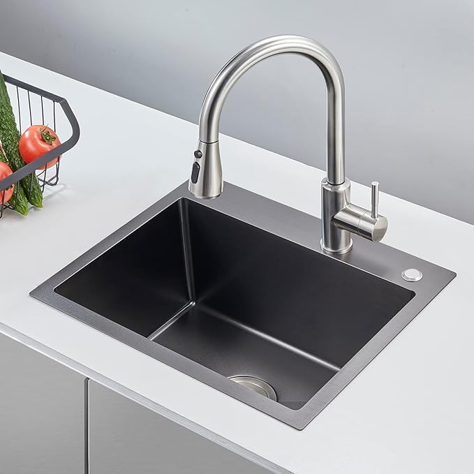 POPFLY 25 Inch Drop In Kitchen Sink, 25x18 Black Stainless Steel Top mount Workstation Sink, 9 Inch Deep 18 Gauge Stainless Steel Single Bowl 2 Holes Utility Sinks