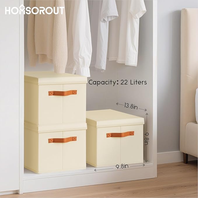 Storage Bins with Lids - Fabric Storage Baskets for Shelves, 4 Pack Foldable Decorative Boxes with Handles, Stackable Organizer Bins for Home, Nursery, Dorm, Beige