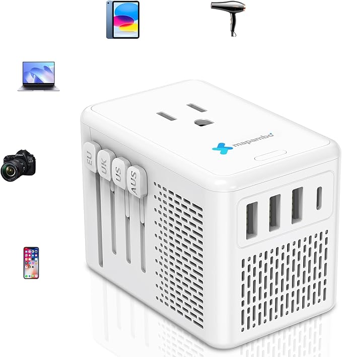 Upgraded Voltage Converter US to Europe for Hair Dryers 220V to 110V Converter with Fast Charging - Compact Travel Design with 3 USB-A + 1 USB-C Universal Travel Adapter for France Germany (White)