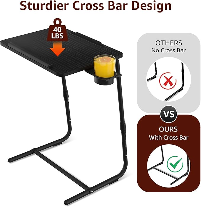 Adjustable TV Tray Black Dinner - Folding Trays for Eating On Couch Wooden Tables Mate Stand Foldable Desk with Cup Holder Portable