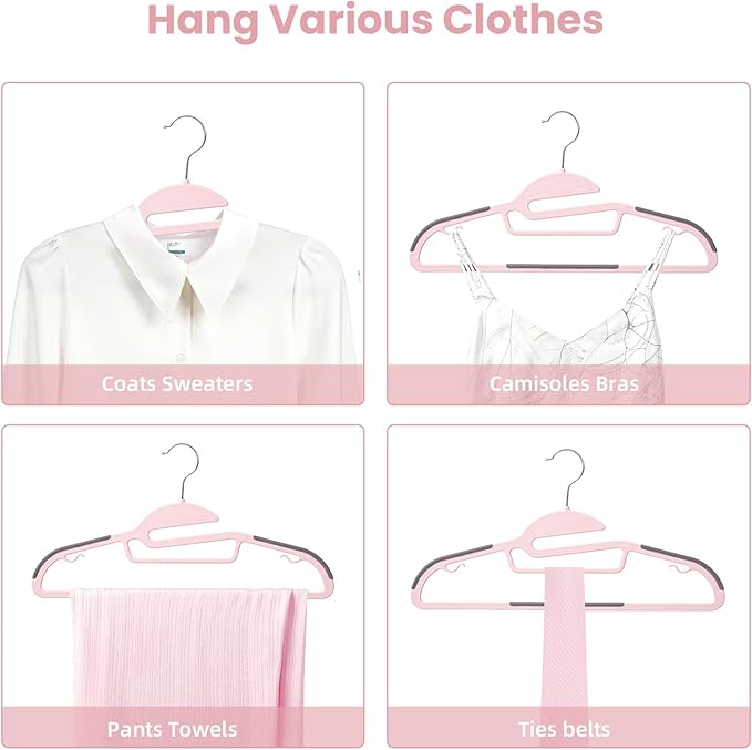 BAGAIL Plastic Hangers 50 Pack with Non-Slip Design,0.2 Inches Thick, 360°Swivel Hook Space Saving Organizer for Bedroom Closet,Shirts,Pants(Pink- S Shaped)