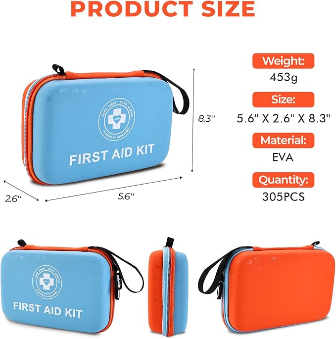 Premium First Aid Kit - 305 Piece Dual-Color Emergency Kit with Hard Shell & Fluorescent Interior Coating, Compact Survival Kit for Home, Car, Travel, Hiking & Outdoor(Blue/Orange)