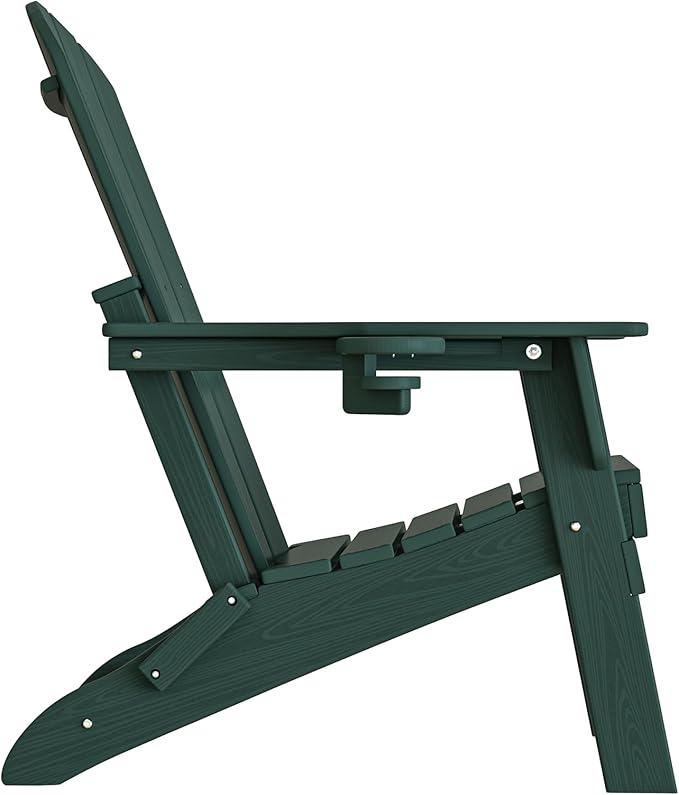 Folding Adirondack Chair - Extended Ergonomic Backrest, Cup Holder - Easy Assembly - Durable HDPE Plastic, Weather Resistant & Maintenance-Free - Lawn, Patio, Deck Supports 380lbs Green