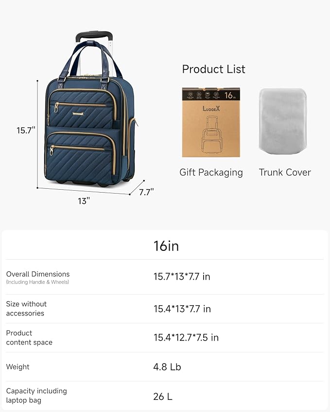 LUGGEX Underseat Carry On Luggage with Wheels, Stylish Lightweight Under Seat Luggage, Soft Sided Personal Item Suitcase for Short Trip (Blue, 16 Inch)