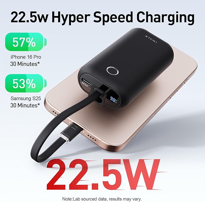 iWALK Mini Portable Charger 10,000mAh, 22.5W USB-C Fast Charging Power Bank with Built-in Cable, Travel Essential Ultra-Small Battery Pack Compatible for iPhone 16/16 Pro/15, Samsung, Google, Black