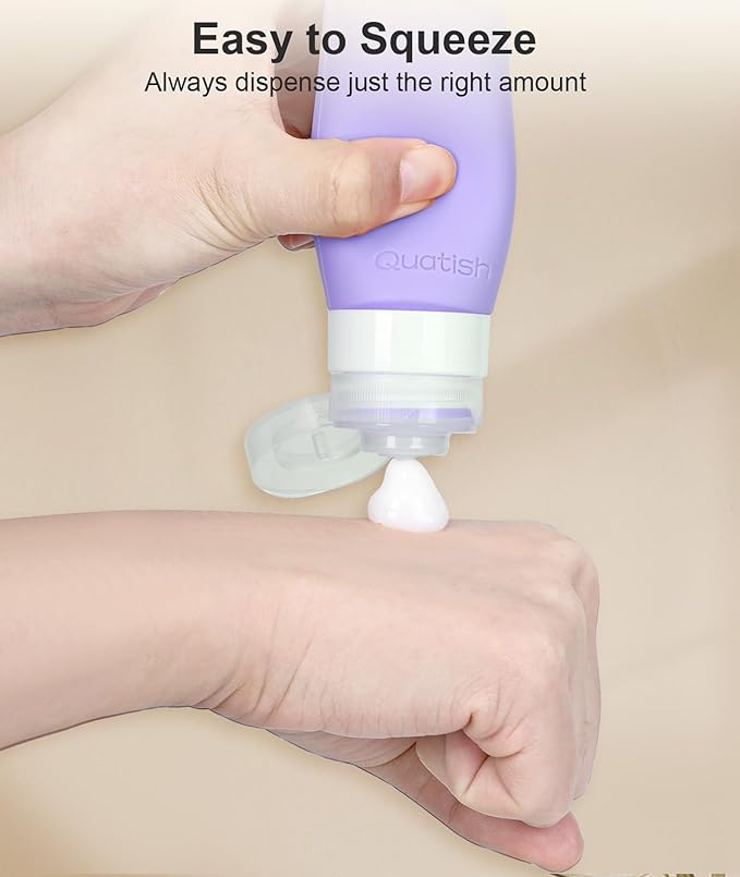 Quatish Travel Bottles for Toiletries, Original Patented Leak Proof Travel Size Toiletries, 3 oz Tsa Approved Silicone Shampoo and Conditioner Bottles, Travel Essentials, 4 Pack, Purple