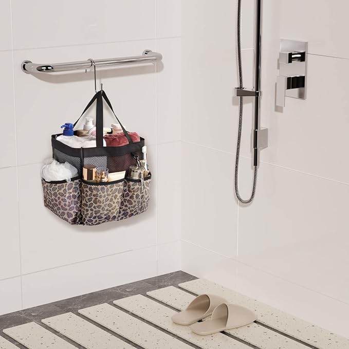 F-color Mesh Shower Caddy Portable - 2 Handles Upgrade Deeper 7 Pockets Basket Bag Tote for College Dorm Room Toiletry Bathroom Essentials Gym Camp Quick Dry with S Hook, 2 Pack, Black & Leopard