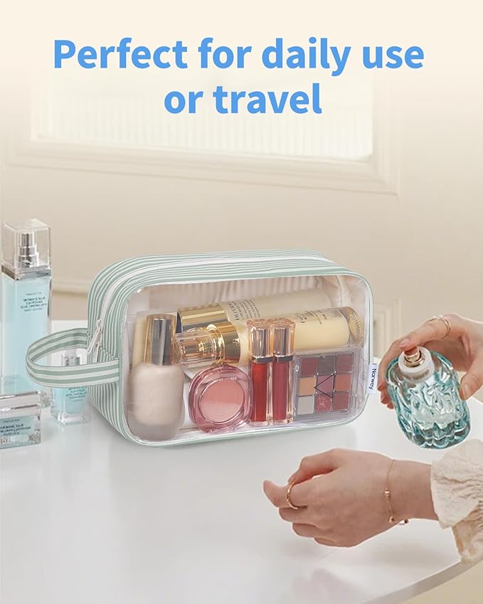 Narwey Clear Toiletry Bags for Traveling Women Men, Clear Travel Bags for Toiletries Makeup Bag Cosmetic Bag with Zipper, Make Up Organizer, Skincare Bag (Mint Green Stripe)