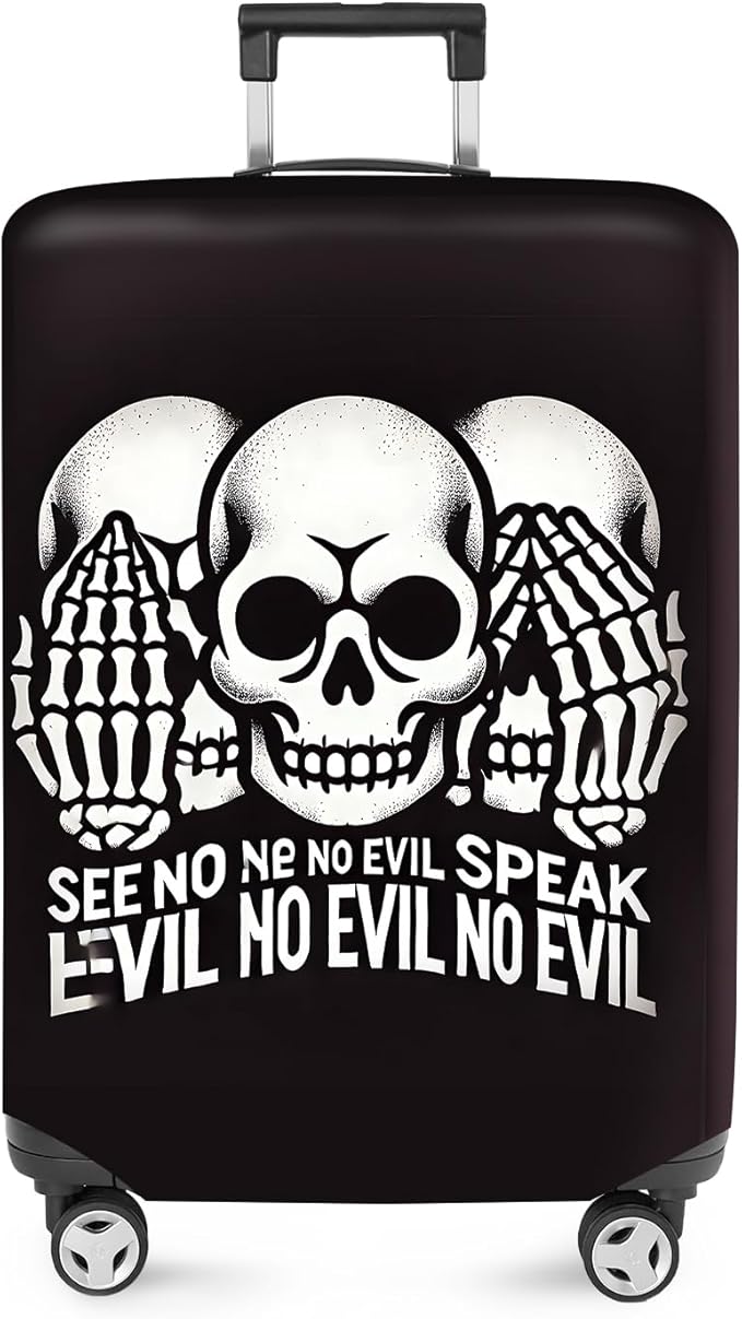 ANNA QUEEN Gothic Skull Luggage Cover, “See No Evil, Hear No Evil, Speak No Evil” Skeleton Design, Stretchable, Washable Suitcase Protector for 32-34 Inch Travel Suitcases