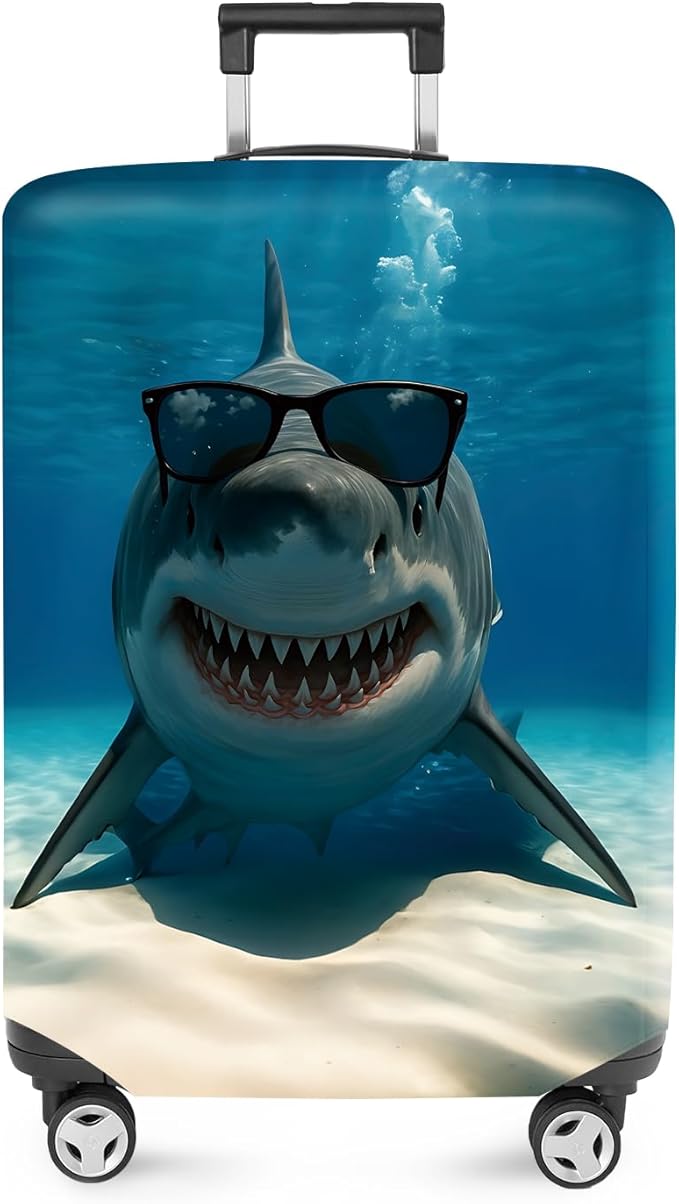 ANNA QUEEN Cool Shark Luggage Cover, Sunglass-Wearing Shark Underwater Design, Stretchable, Washable Travel Protector for 24-26 Inch Luggage