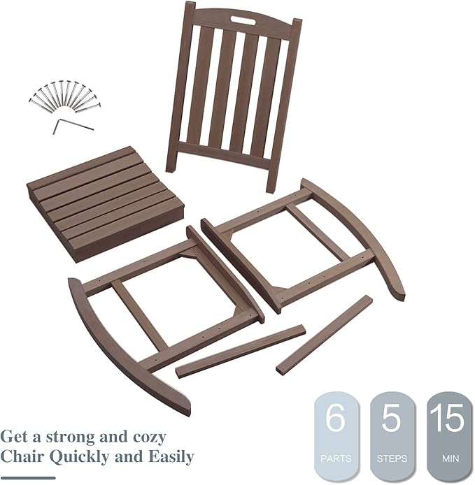 Psilvam Oversized Outdoor Rocking Chair, with 21" Wide Seat and 32" Tall Backrest, Pre-Assembled with Most Components for Effortless Installation (Brown)