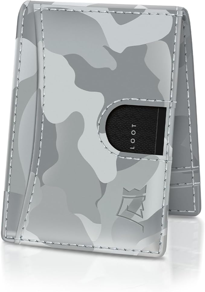 Kings Loot Money Clip Slim Minimalist Wallet for Men | RFID Blocking Leather Design with Money Clip | Front Pocket Bifold Holds 12 Cards | Stylish & Compact Wallets (Camo White)