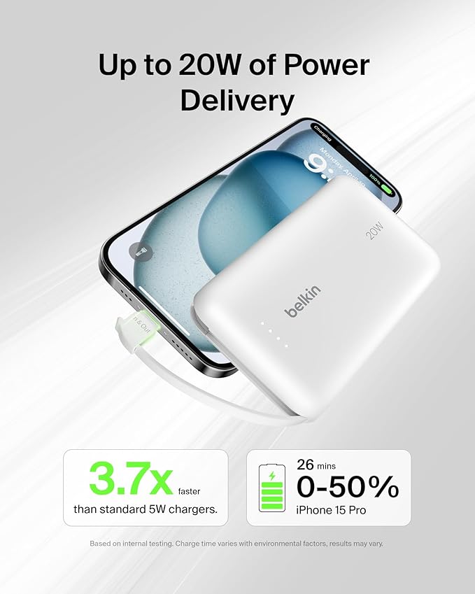 Belkin Portable Charger, Power Bank with Integrated Cable 10000 mAh 20W - Fast Charge USB C Power Delivery, iPhone Charger - iPhone 16 Series, iPad Pro, Galaxy S25, & More - White