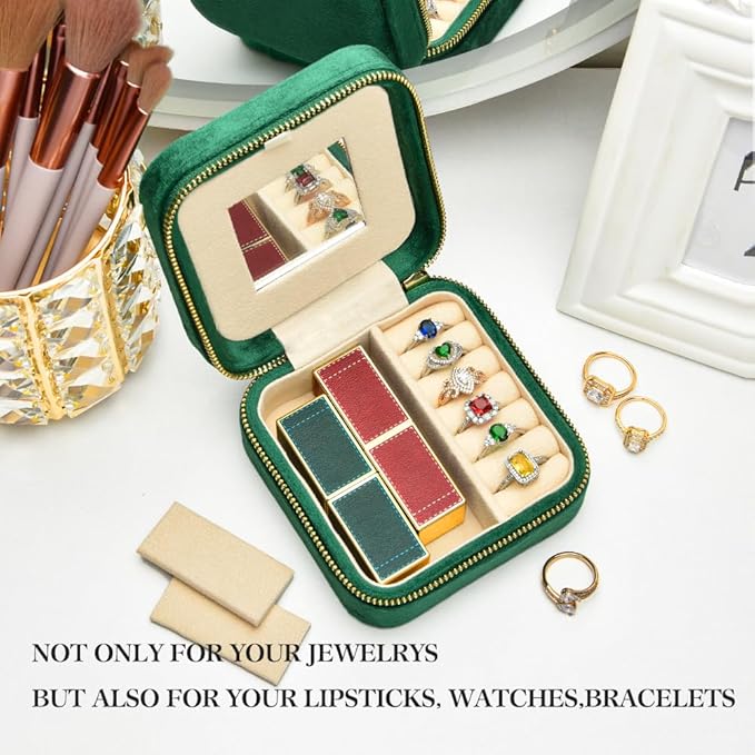 TAIMY Plush Velvet Travel Jewelry Box, Small Travel Jewelry Case, Portable Mini Jewelry Travel Organizer Boxes for Rings Earrings Necklaces Bracelets(Emerald Green,with Mirror)