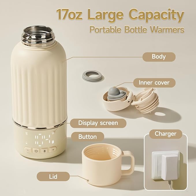 Snow Bear Portable Bottle Warmer for Travel, Fast Heating in 2.5 Mins for Breast Milk, 10200mAh Battery with LED Display, 17oz Large Capacity, Baby Bottle Warmer with Precise Temperature Control(5076)