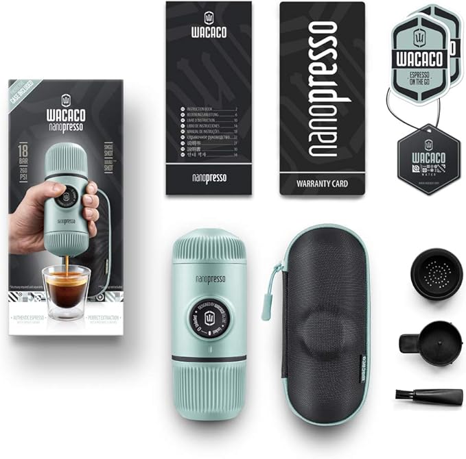 WACACO Nanopresso Portable Espresso Maker with Case, Mini Travel Coffee Machine, Perfect for Camping, Travel and Office（ Elements Arctic Blue）
