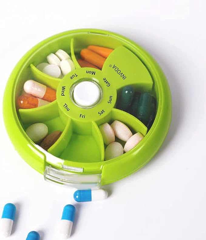 INVODA Weekly Pill Organizer 7 Compartment Rotating Pill Box for Daily Medication & Vitamins - Portable Travel Pill Case Fish Oil Supplements Vitamins Organizer (Orange)