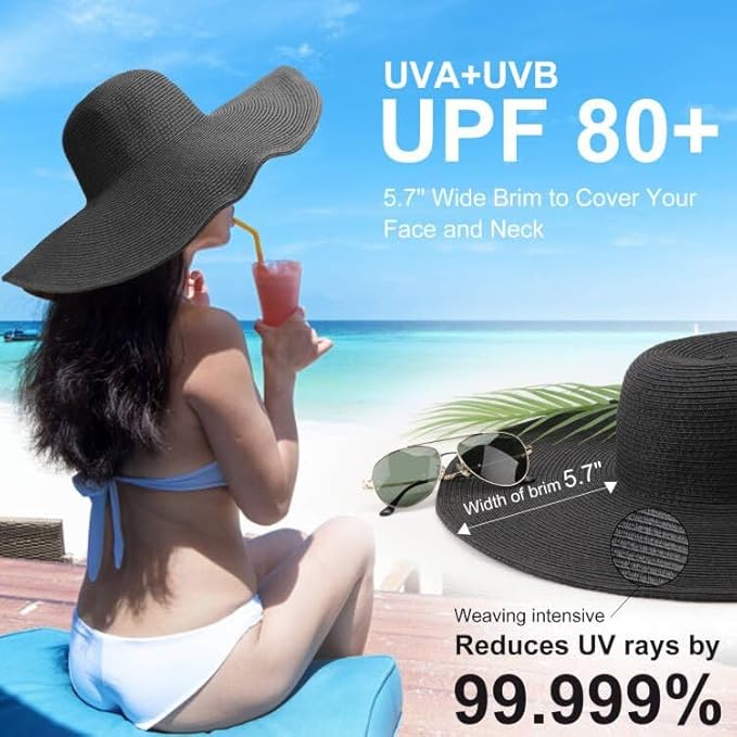 DRESHOW Beach Hats for Women Big Straw Wide Brim Summer Hat Floppy Foldable Roll up Cap Sun Hat UPF 50+