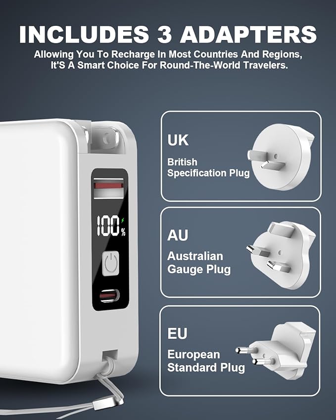 for Magsafe Portable Charger Power Bank 10000mAh, 22.5W Battery Pack Fast Charging Wall Plug Power Bank for iPhone Andriod Sumsung Travel Charger with Built in USB C & Lightning Cables