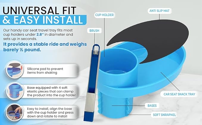Complete Kids Travel Tray Kit - Easily Expands Cup Holder into 360° Cup & Travel Tray for Kids Car Seat, Booster, and Stroller - Toddler Road Trip Essentials Set Includes Coaster & Brush (Blue)