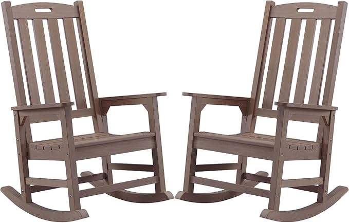 Psilvam Oversized Outdoor Rocking Chair Set of 2, Porch Rocker with 21" Wide Seat and 32" Tall Backrest, Pre-Assembled with Most Components for Effortless Installation (Brown)