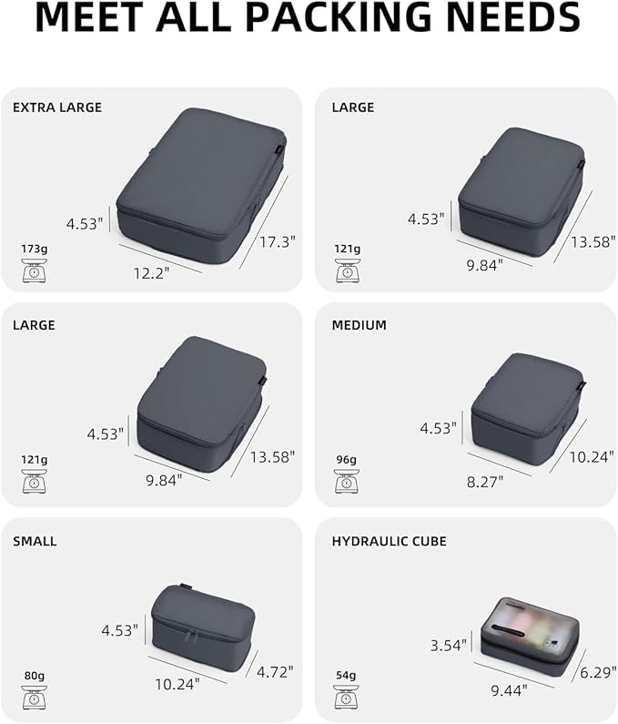 6 Set Compression Packing Cubes for Travel, Large Medium Small Luggage Organizers, Storage Bags for Clothes (6 Pack, Charcoal Gray)