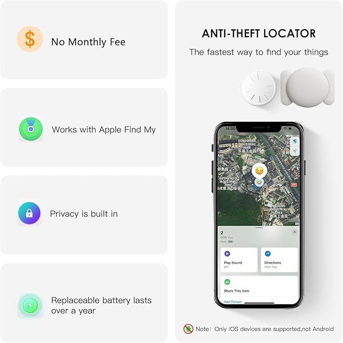 No Subscription Vehicle GPS Tracker,Portable Car GPS Tracker Work with Apple Find My（iOS Only,Mini Magnetic GPS Device Full Coverage Pinpoint Vehicle Location Elderly Children Pets (White,1PCS)