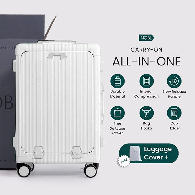 Nobl Travel Carry On Luggage, Noble Zipperless Aluminum Frame PC Hard Shell Suitcase, 22.5x15x9.5 Airline Approved, 360° Spinner Wheels, TSA Locks, USB Charging Port, Cup & Phone Holder - White