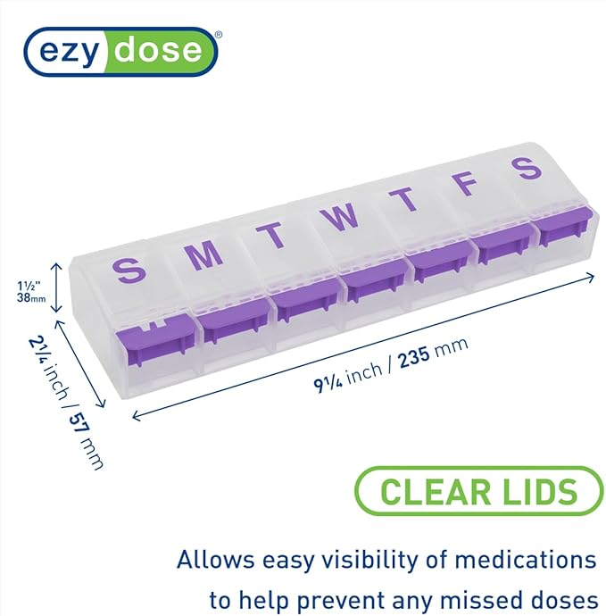 EZY DOSE Pill Organizer Weekly (7-Day), Medicine Planner, Vitamin Case/Box, 2X-Large Push-Button Compartments, Easy to Use, Travel-Friendly, Purple, BPA Free