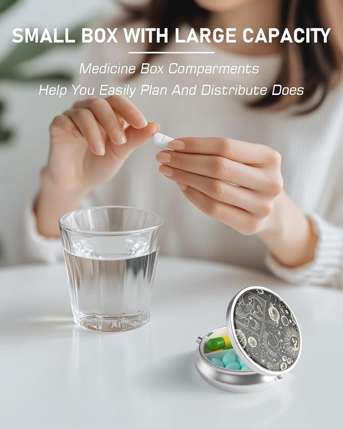Pill Box, 3 Compartment Portable Travel Medicine Box with Mirror, Compact and Cute, Fits in Purse and Pocket, Medicine and Vitamin Organizer (Black Universe)