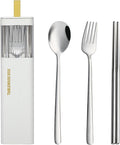 DEVICO Travel Utensils with Case, Stainless Steel Reusable Camping Silverware Set for Lunch Box, Portable Cutlery Kit Includes Fork, Spoon, Chopsticks (White)