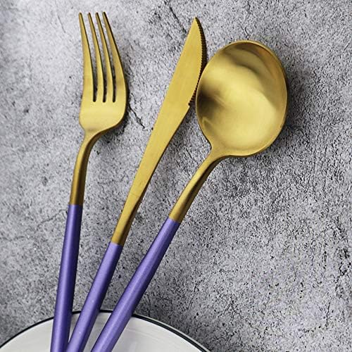 Gugrida 20-Piece 18/10 Stainless Steel Flatware Silverware, Luxury Dinnerware Set Travel Cutlery Tableware Include Knife Fork Spoon Service for 4, Dishwasher Safe (Purple Handle Matte Gold)